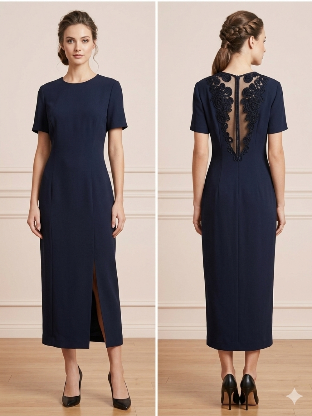 Mariana Navy Midi Dress with Lace-Trim‎ Back Panel